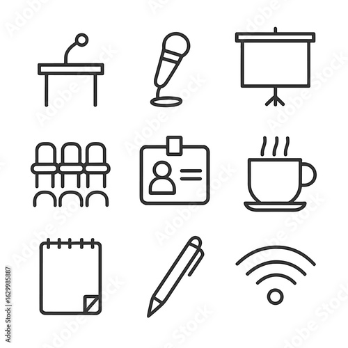 Conference Icon Set. Outline icon set of meeting and conference: podium, microphone, presentation screen, audience chairs, name