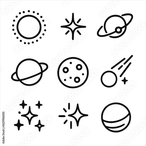 Celestial Icon Grid. Solid, filled icon set of stars and celestial bodies: red giant, white dwarf, neutron star, planet, moon,