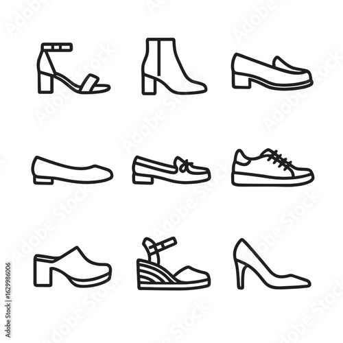 Heel Footwear Icons. Outline icon set of heel footwear types: sandal heel, boot heel, loafer heel, ballet flat heel, moccasin heel