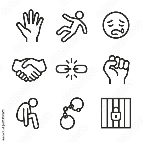 Helplessness Icon Set. Outline icon set of helplessness actions: reaching hand, falling figure, crying face, shaking hands, broken