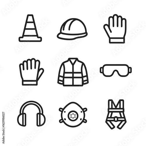 Construction Safety Icons. Outline icon set of Construction site protective gear: safety cone, hard hat, safety boots, work gloves
