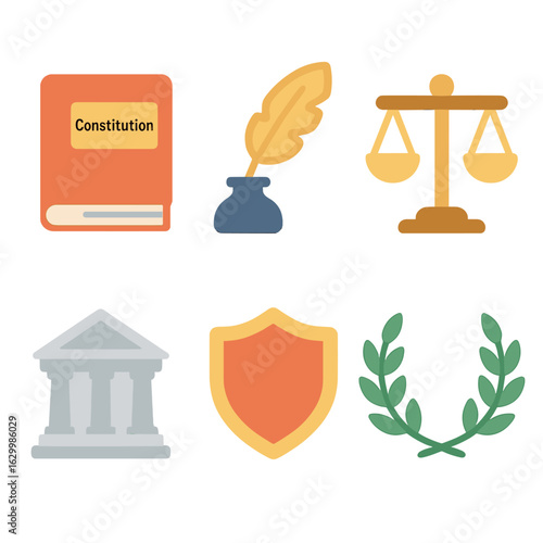 Constitutional Law Illustrations. Flat vector mini-illustrations Constitutional law in colors children’s illustrations: