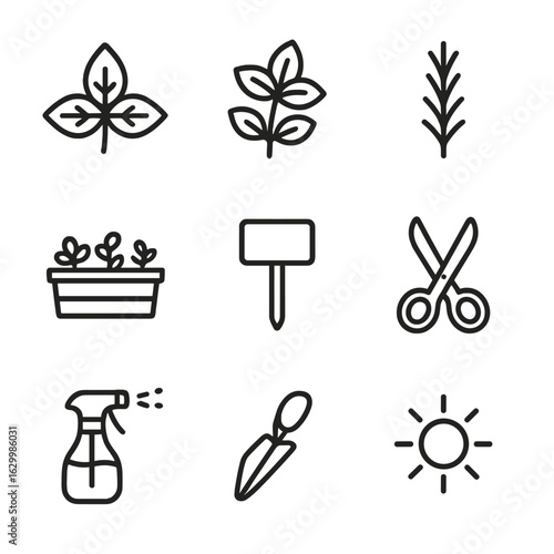 Herb Garden Icons. Outline icon set of herb garden: basil leaves, mint sprig, rosemary stalk, thyme bunch, planter box, herb tag,