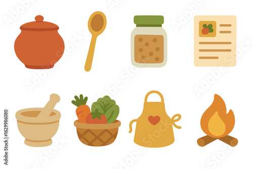 Cooking Elements Grid. Flat vector mini-illustrations traditional cooking experiment recipes in colors children's illustrations: