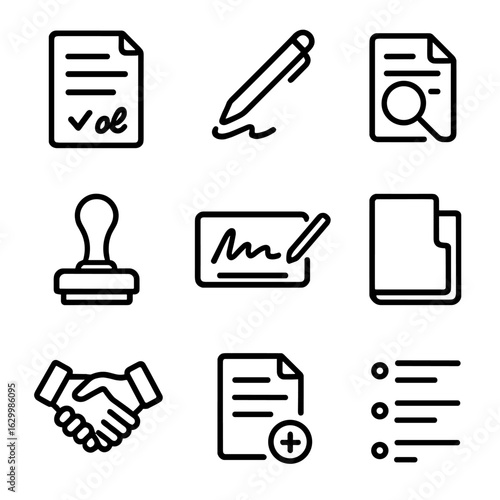 Contract Icons Set. Outline icon set of contract management and negotiation: signed contract, signature pen, magnifying glass on