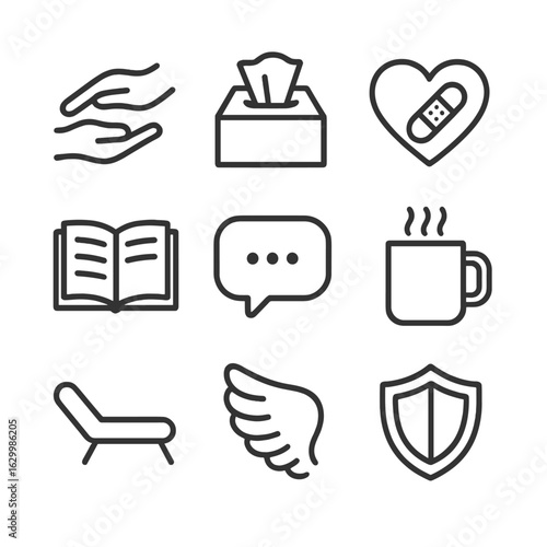 Coping Support Icons. Outline icon set of coping and support for sadness: comforting hand, tissue box, heart with bandage, open