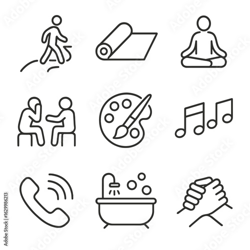 Coping Activities Icons. Outline icon set of coping activities: walking trail, yoga mat, meditation pose, grief counseling, art