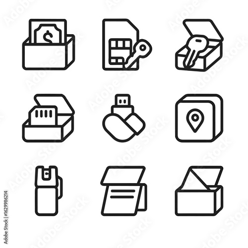 Hidden Storage Icons. Outline icon set of hidden storage items: emergency cash, SIM card holder, spare key, memory card, mini USB