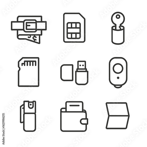 Hidden Storage Icons. Outline icon set of hidden storage items: emergency cash, SIM card holder, spare key, memory card, mini USB
