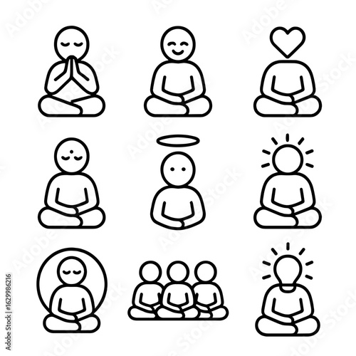 Chant Emotion Icons. Outline icon set of chant emotions: peace, joy, devotion, focus, spirituality, calm, unity, energy,