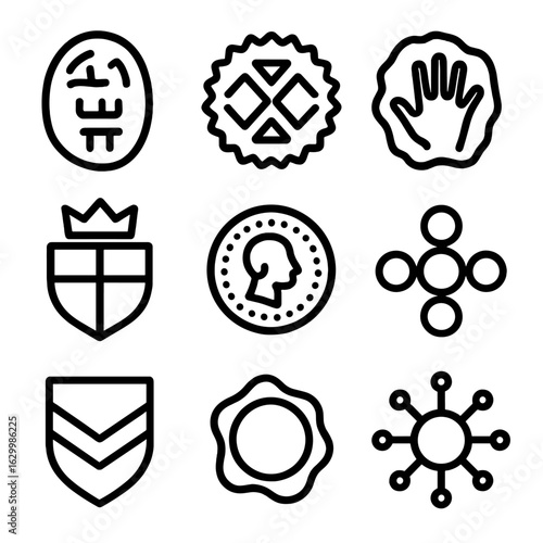 Historic Icon Set. Outline icon set of imprint in history and culture: ancient seal, tribal stamp, cave painting handprint, royal