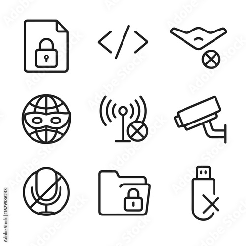 Hidden Technology Icons. Outline icon set of hidden technology: encrypted file, hidden code, stealth drone, masked network,