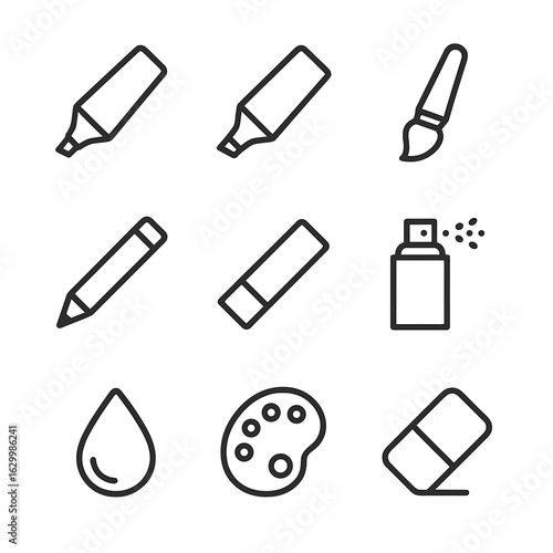 Highlighting Tools Icons. Outline icon set of highlighting tools: marker pen, highlighter, paintbrush, pencil, chalk, spray, ink