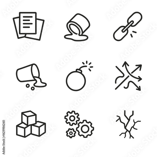 Chaos Icon Set. Outline icon set of chaos and disorder: scattered papers, spilled paint, broken chain, tipped over objects,