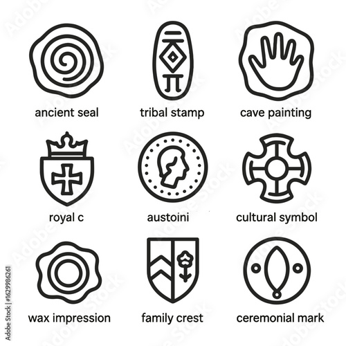 Historic Icon Set. Outline icon set of imprint in history and culture: ancient seal, tribal stamp, cave painting handprint, royal