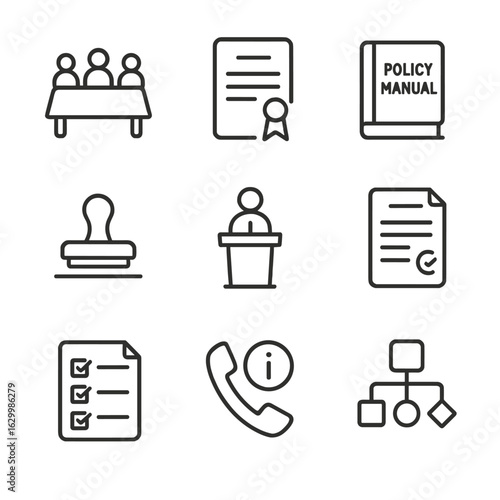 Corporate Governance Icons. Outline icon set of corporate governance and ethics compliance: board meeting table, corporate charter