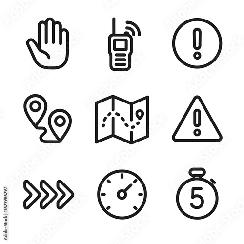 Chase Communication Icons. Outline icon set of chase communication: hand signals, radio chat, alert icons, map markers, route