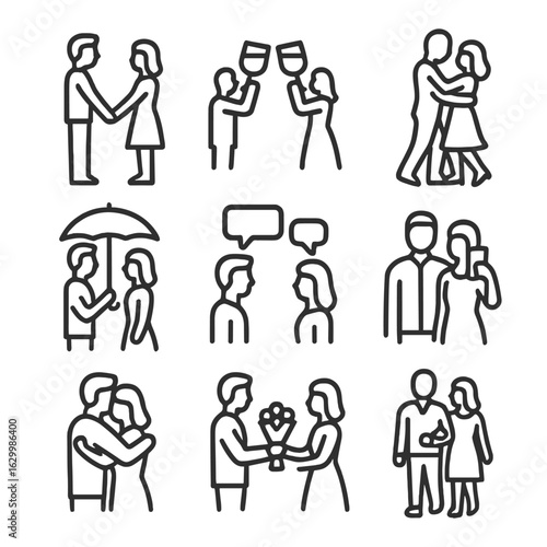 Couple Icon Set. Outline icon set of couple evening interactions: holding hands, raising a toast, dancing silhouette, shared