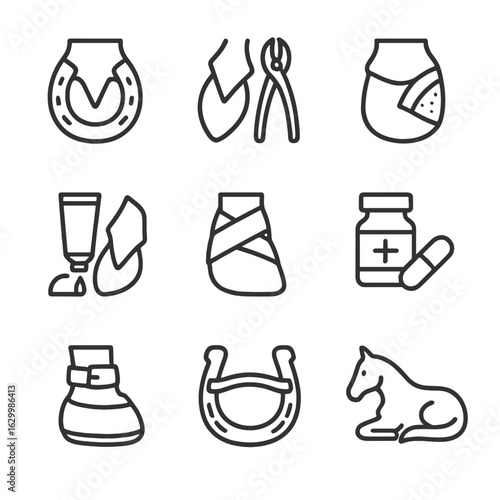 Hoof Care Icon Set. Outline icon set of hoof treatment methods: corrective shoeing, trimming, poultice, antibiotic ointment,