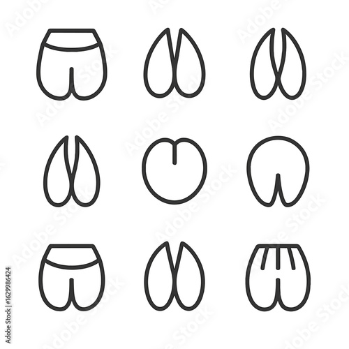 Hoof Icons Grid. Outline icon set of hoof types: horse hoof, cow hoof, goat hoof, deer hoof, pig hoof, sheep hoof, donkey hoof,