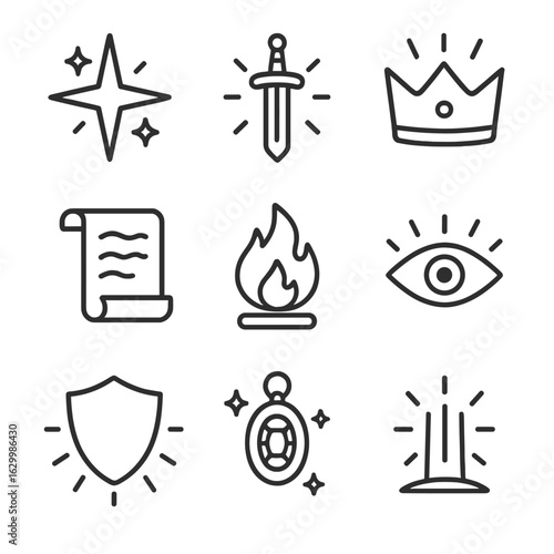 Chosen One Icon Set. Outline icon set of chosen one symbols: destiny star, magic sword, glowing crown, ancient scroll, sacred