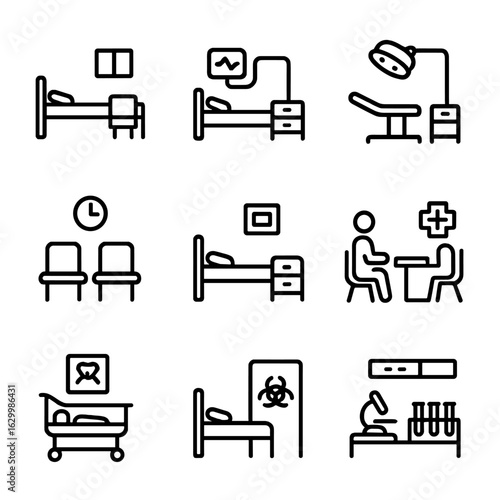 Hospital Room Icons. Outline icon set of hospital rooms: private room, ICU bed, operating room, waiting room, recovery room,
