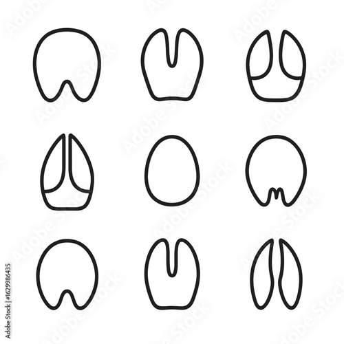 Hoof Icons Grid. Outline icon set of hoof types: horse hoof, cow hoof, goat hoof, deer hoof, pig hoof, sheep hoof, donkey hoof,
