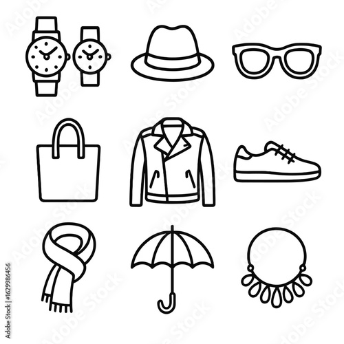 Couple Fashion Icons. Outline icon set of couple fashion accessories: matching wristwatch, fedora hat, sunglasses, tote bag,