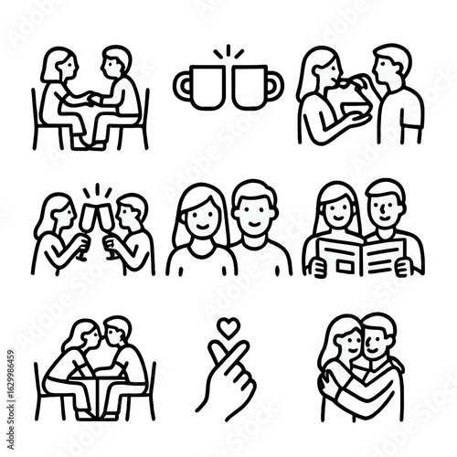 Couple Morning Interactions. Outline icon set of couple morning interactions: holding hands, clinking mugs, feeding each other,