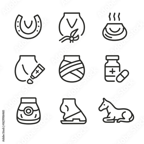 Hoof Care Icon Set. Outline icon set of hoof treatment methods: corrective shoeing, trimming, poultice, antibiotic ointment,