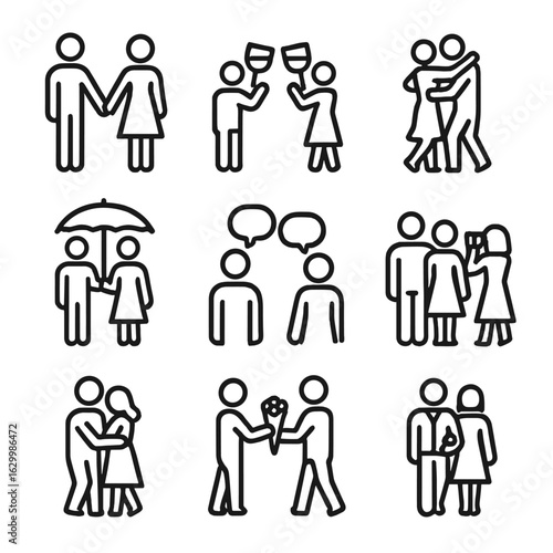Couple Icon Set. Outline icon set of couple evening interactions: holding hands, raising a toast, dancing silhouette, shared