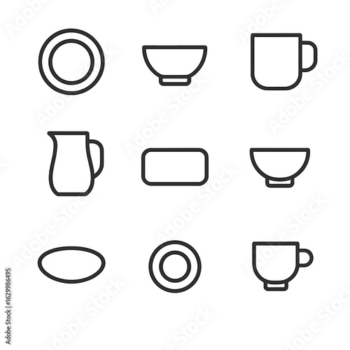 Hotel Porcelain Icons. Outline icon set of hotel porcelain items: service plate, breakfast bowl, coffee mug, water jug, room tray,