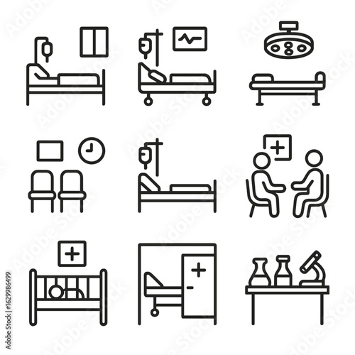 Hospital Room Icons. Outline icon set of hospital rooms: private room, ICU bed, operating room, waiting room, recovery room,