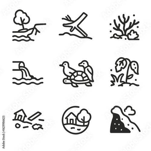 Hurricane Impact Icons. Outline icon set of hurricane environmental impact: coastal erosion, fallen trees, broken coral, polluted