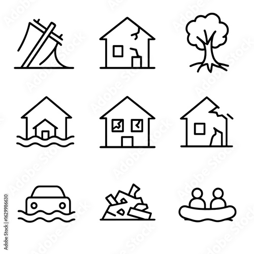 Hurricane Impact Icons. Outline icon set of hurricane impacts: fallen power lines, damaged house, uprooted tree, flooded street,