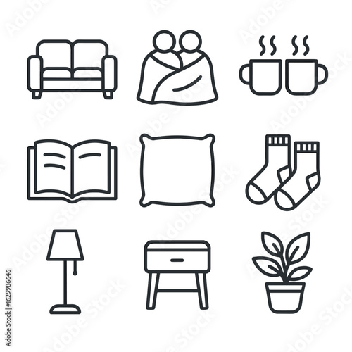 Cozy Home Icons. Outline icon set of cozy at-home moments: sofa duo silhouette, shared blanket, steaming mugs, open book, soft