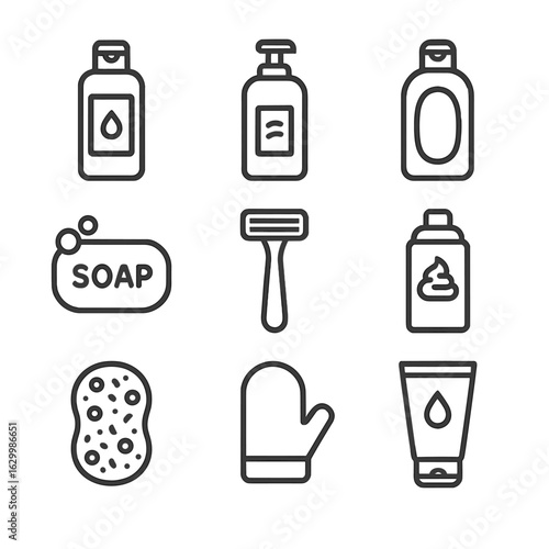 Hygiene Icons Grid. Outline icon set of personal hygiene products: shampoo bottle, conditioner, body wash, soap bar, razor,