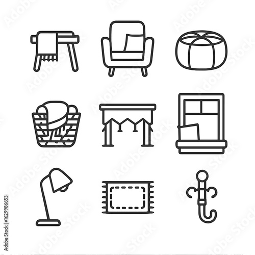 Cozy Living Room Icons. Outline icon set of living room cozy accents: side table with throw, armchair with pillow, floor pouf,