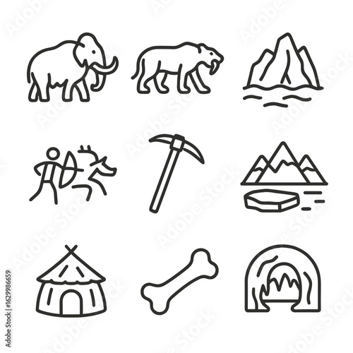 Ice Age Icon Set. Outline icon set of ice age: woolly mammoth, saber-toothed tiger, glacier, cave painting, ice axe, frozen