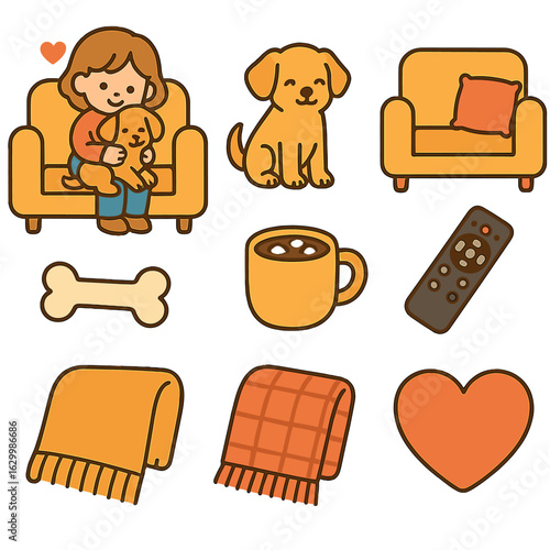 Cozy Puppy Sofa Scene. Flat vector mini-illustrations snuggling a puppy on the sofa in colors children's illustrations: small dog,
