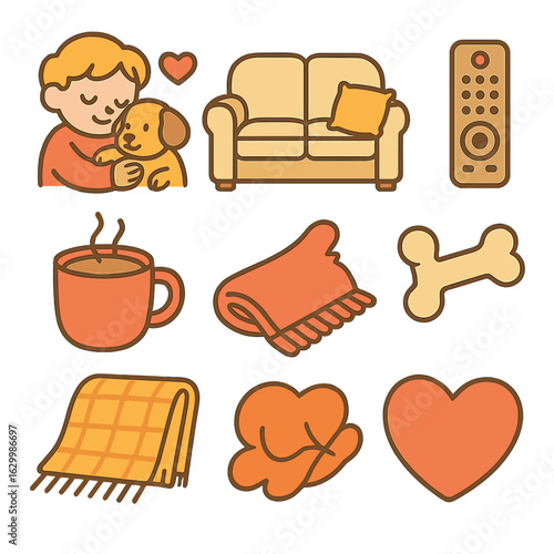 Cozy Puppy Sofa Scene. Flat vector mini-illustrations snuggling a puppy on the sofa in colors children's illustrations: small dog,