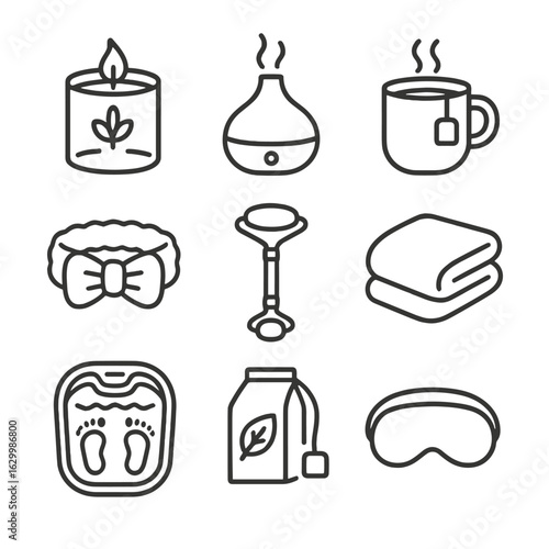 Cozy Self-Care Icons. Outline icon set of cozy self-care rituals: scented candle, essential oil diffuser, ceramic mug of tea,