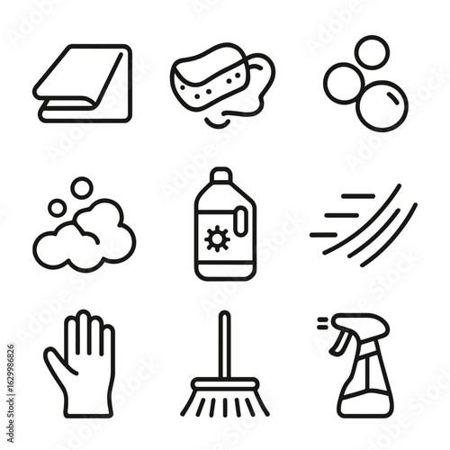 Cleaning Icon Set. Outline icon set of smudge in cleaning and hygiene: cleaning cloth, sponge wiping, detergent bubbles, soap suds