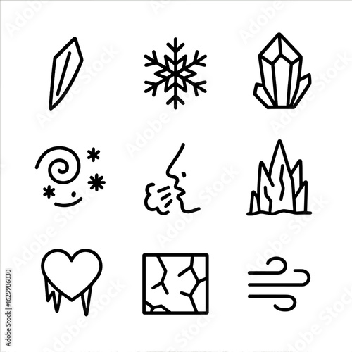 Ice Spell Icon Set. Outline icon set of ice spell effects: ice shard, snowflake, frozen crystal, icy swirl, frost breath, glacier