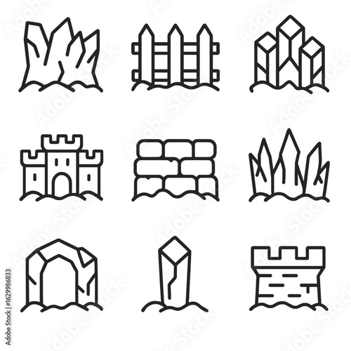 Ice Structure Icons. Outline icon set of ice wall structures: frozen barrier, glacier fence, crystal block wall, icy fortress,