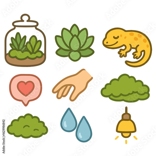 Cozy Terrarium Icons. Flat vector mini-illustrations cozy terrarium pet hugs in colors children's illustrations: glass terrarium,