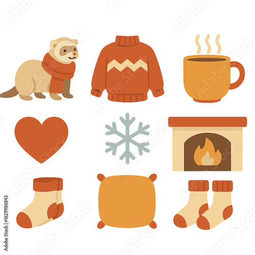 Cozy Winter Moments. Flat vector mini-illustrations winter snuggles with a ferret in colors children's illustrations: ferret