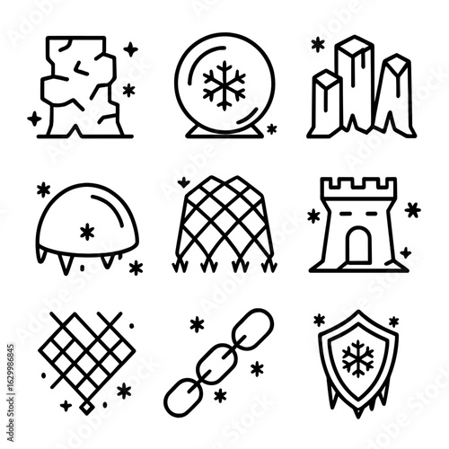 Ice Spell Icons. Outline icon set of ice spell defensive spells: ice wall, frost shield, frozen barrier, chilling dome, glacier
