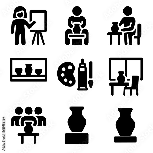 Clay Art Icons. Solid, filled icon set of clay art workshops: instructor, student, pottery class, clay demonstration, gallery
