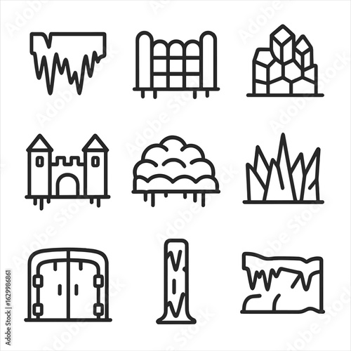Ice Structure Icons. Outline icon set of ice wall structures: frozen barrier, glacier fence, crystal block wall, icy fortress,